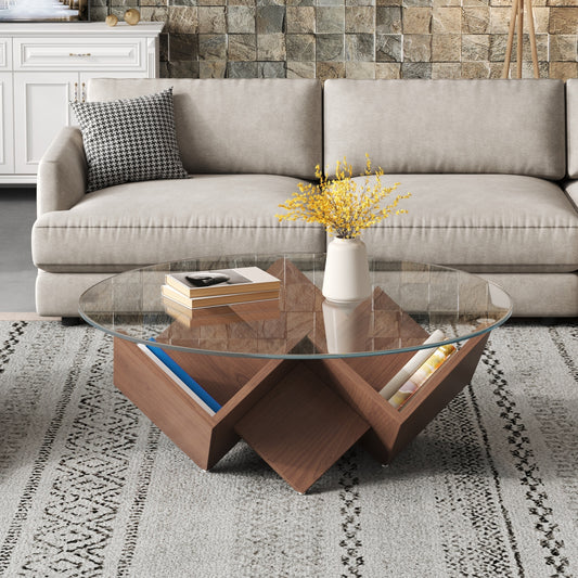 Round walnut coffee table with glass top and geometric art deco base from Anthony & Home's Atelier Collection.