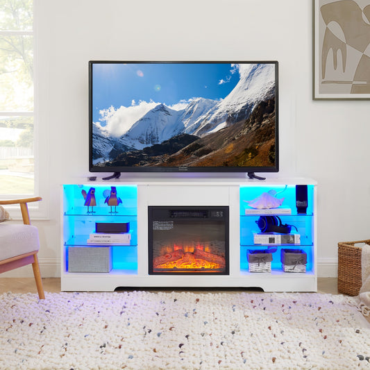 White MDF Limited Electric Fireplace TV Stand With Glass Shelves 3D Fireplace LED Lighting USB Outlet - Anthony & Home