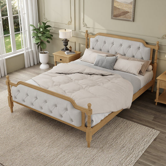 Anthony & Home Queen solid wood bed frame with upholstered tufted headboard in antique walnut finish, showcasing elegant bedroom furniture.