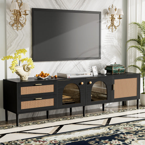 Rattan TV Stand With 3 Cabinets And 2 Drawers Black