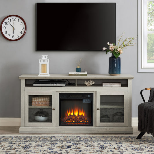 Stone gray finish Anthony & Home studio TV media console with built-in fireplace, showcasing modern design and ample storage space.