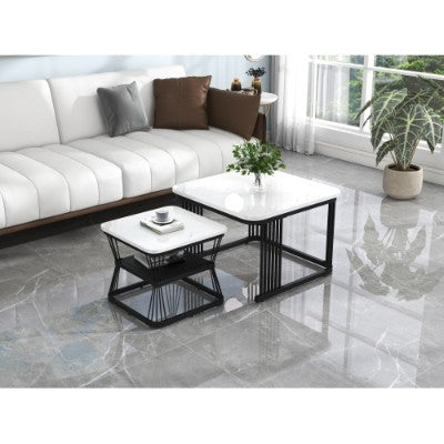 Nesting Coffee Tables Set of 2 with Marble Tops Black Frame