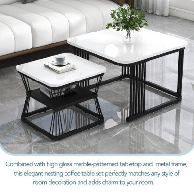 Nesting Coffee Tables Set of 2 with Marble Tops Black Frame