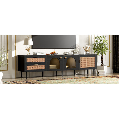 Rattan TV Stand With 3 Cabinets And 2 Drawers Black