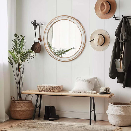 Heritage round wall mirror with distressed wood frame by Anthony & Home, showcasing rustic, vintage style.