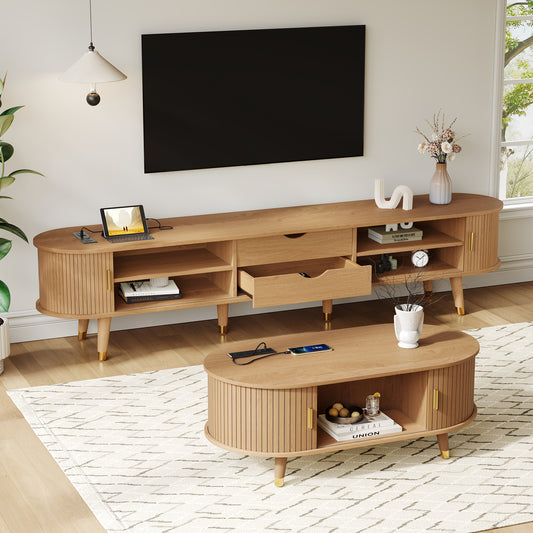 Teak veneer mid-century media console with sliding doors from Anthony & Home's Atelier Collection, showcasing sleek wooden finish and modern design.