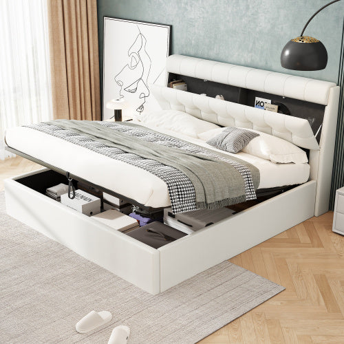 Upholstered Bed 150x200 King Hydraulic Storage Cream White