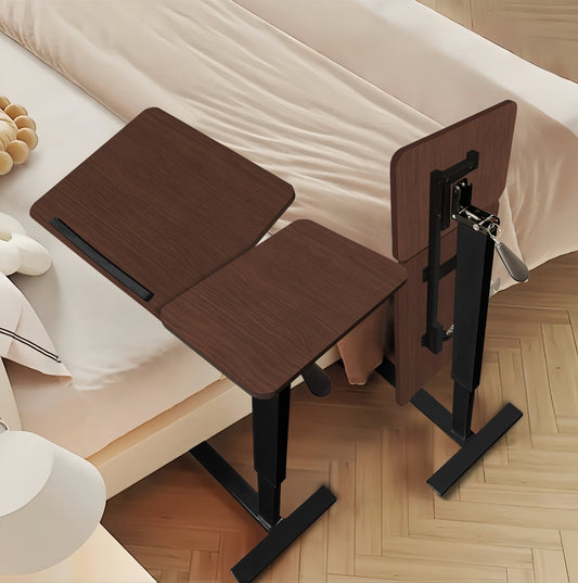 Walnut folding overbed table by Anthony & Home, showcasing its sleek wooden surface and adjustable folding design.
