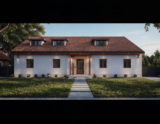 Exterior view of the Atelier Minimalist open-concept 3-bedroom, 2-bath home designed by Anthony & Home Residential Designs.