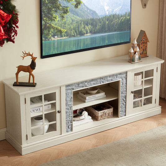 Anthony & Home Atelier White Faux Stone 70-Inch TV Stand with two doors, modern design and ample storage space.