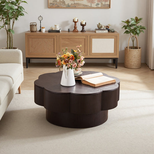 Dark brown wood veneer Plum Blossom Coffee Table by Anthony & Home with elegant, floral-inspired design and sturdy wooden construction.