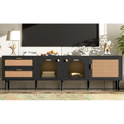 Rattan TV Stand With 3 Cabinets And 2 Drawers Black