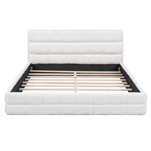 Queen platform bed by Anthony & Home with white velvet upholstery and wood frame, featuring a modern and elegant design.