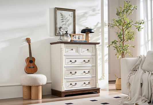 Walnut finish farmhouse 5-drawer dresser chest with plinth base from Anthony & Home Heritage Collection, showcasing wood grain and classic design.