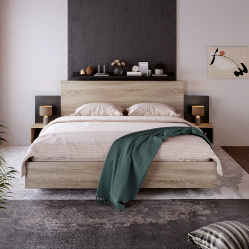 Oak Sonoma Dark Gray Wooden Double Bed With Two Nightstands