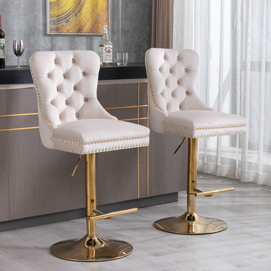 Beige velvet Anthony & Home bar stool with tufted seat and copper nailhead trim, limited edition, modern and stylish interior decor piece.