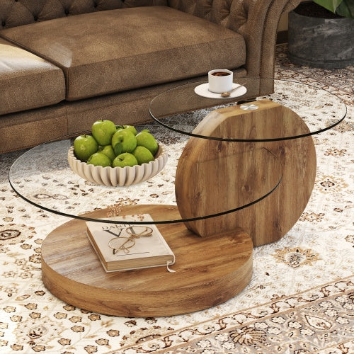 Modern Double Layer Round Table With Glass Top Wood Legs