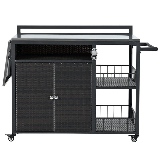 Outdoor kitchen island with dark brown PE rattan, storage, and folding tabletop from Anthony & Home's premium collection.