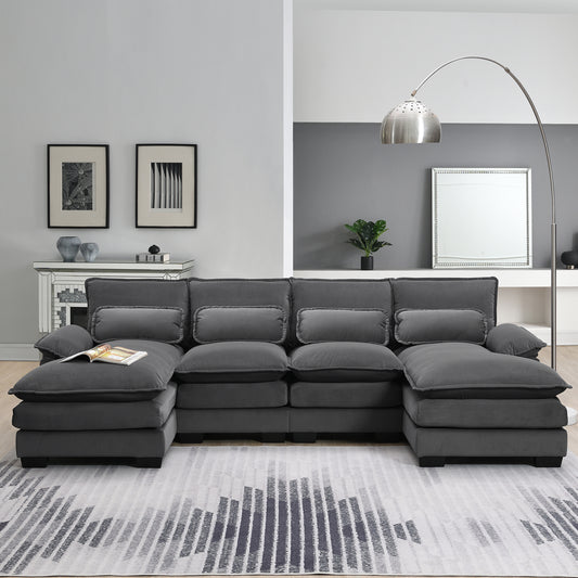 Velvet U-shaped sectional sofa with chaise from Anthony & Home's Luxe Collection, featuring plush upholstery and modern design.