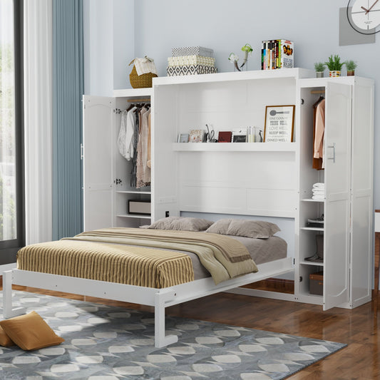 White wood queen Murphy bed with built-in wardrobes from Anthony & Home, limited edition, featuring sleek design and storage space.