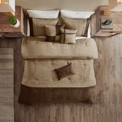 7 Piece Faux Suede Comforter Set In Grey Tan Brown