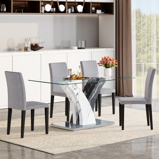 Modern dining table with tempered glass top and artistic MDF legs, paired with four light gray linen-cotton chairs.