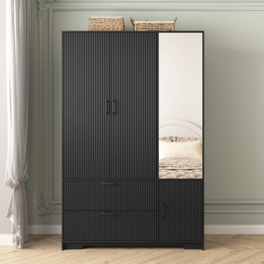 Black wood wardrobe with mirror, LED lighting, and drawers from Anthony & Home, featuring a four-door closet for bedroom storage.