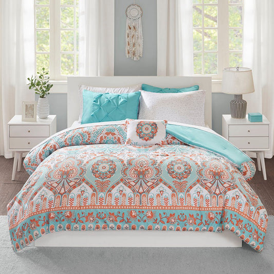 Queen Boho comforter set with aqua textured finish and matching sheets from Anthony & Home, showcasing soft, stylish bedding.