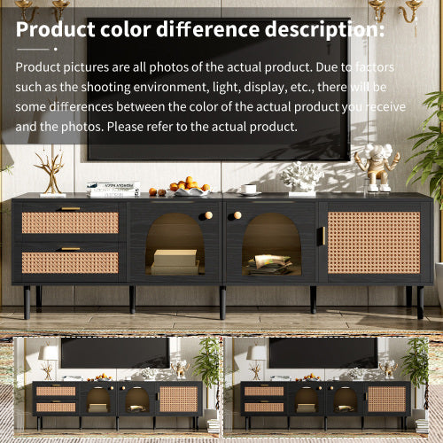 Rattan TV Stand With 3 Cabinets And 2 Drawers Black