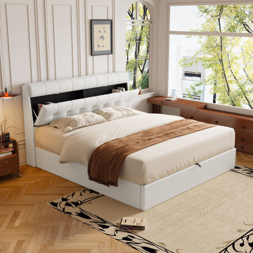 Upholstered Bed 150x200 King Hydraulic Storage Cream White