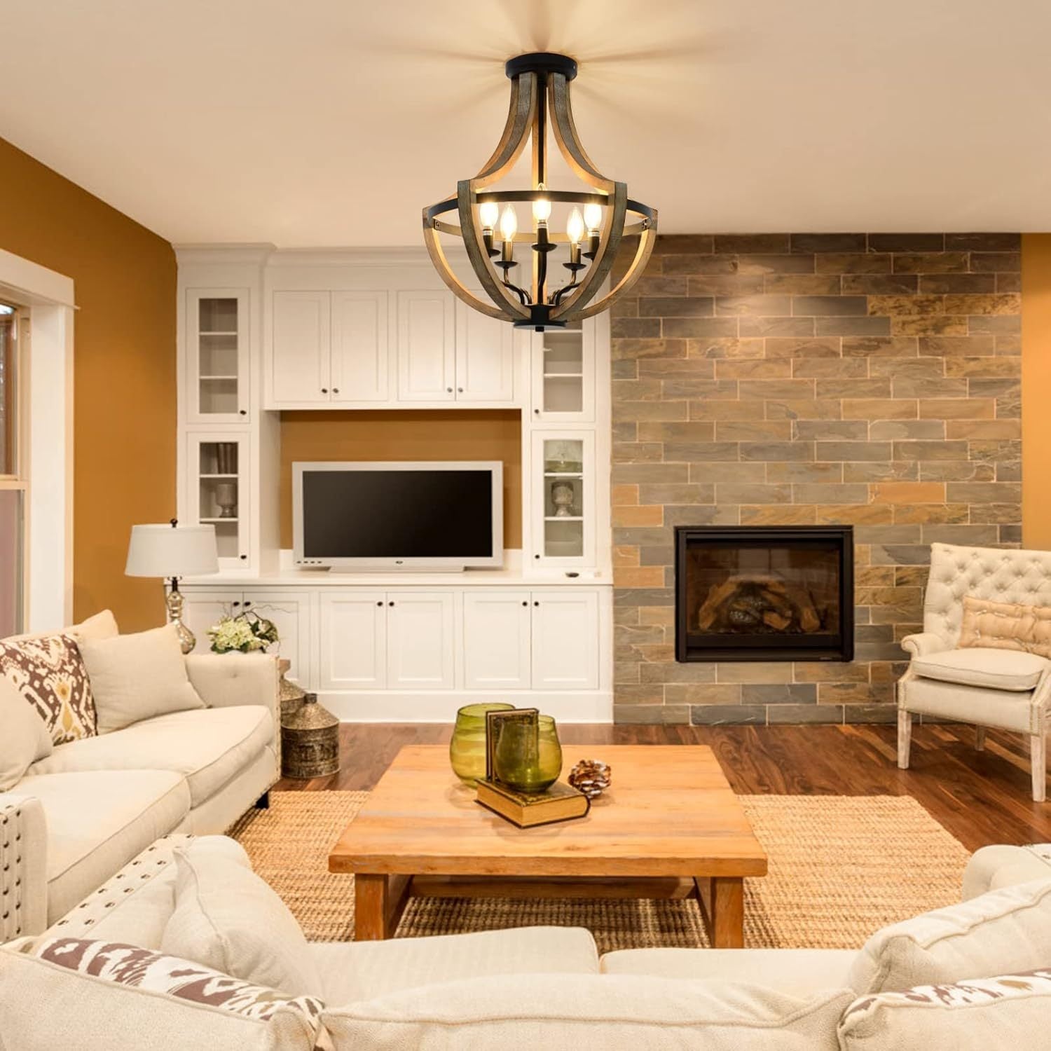 Solid Wood Farmhouse Chandelier Adjustable Dining Room Brown