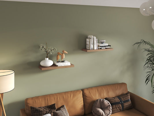 Set of 2 light brown matte floating shelves from Anthony & Home, mounted on a wall, showcasing modern minimalist storage solutions.