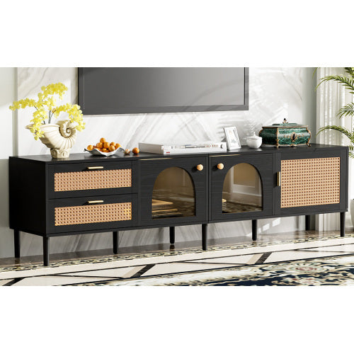 Rattan TV Stand With 3 Cabinets And 2 Drawers Black