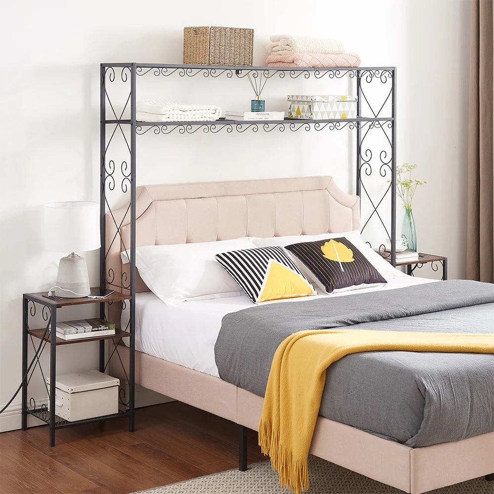 Queen Size Metal Storage Headboard With Charging Stations