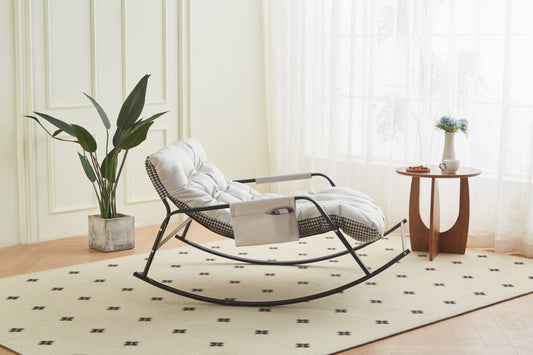 White boucle rocking chair from Anthony & Home's Atelier Collection, featuring a plush, textured fabric and modern design.