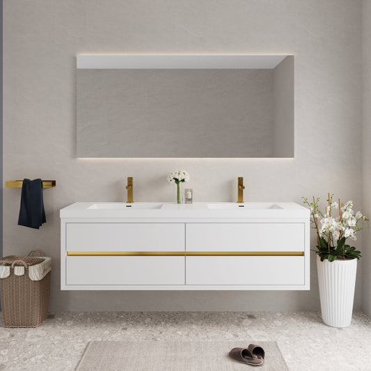 Studio stone resin wall-mounted vanity with double sinks by Anthony & Home, featuring a sleek modern design and ample counter space.