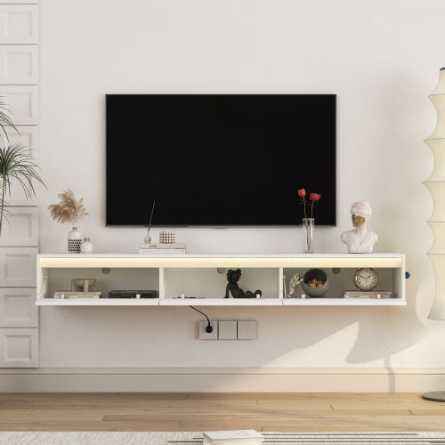 Floating Wall Mounted TV Stand With LED Lighting And Outlet