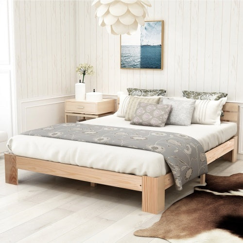 Natural Solid Wood Bed Frame 140x200 With Headboard