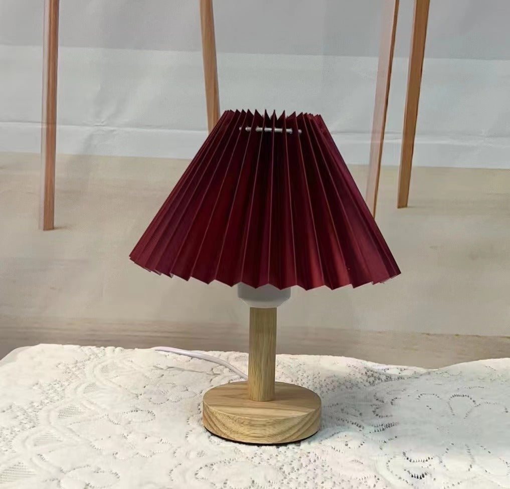 Simple Solid Wood Bedside Table Lamp With Pleated Shade USB