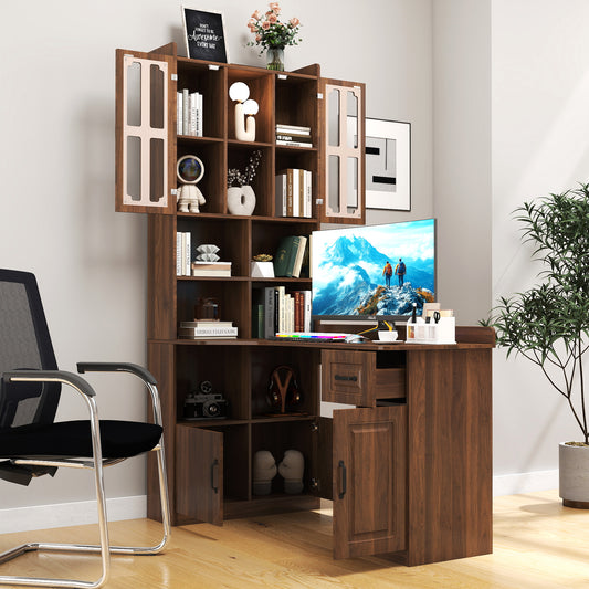 L-shaped corner desk with hutch in oak veneer by Anthony & Home, featuring a spacious workspace and storage hutch.