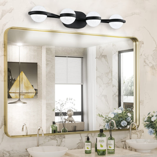 Black 4-light vanity fixture by Anthony & Home with crystal sand acrylic shades, ideal for bathroom or vanity lighting.