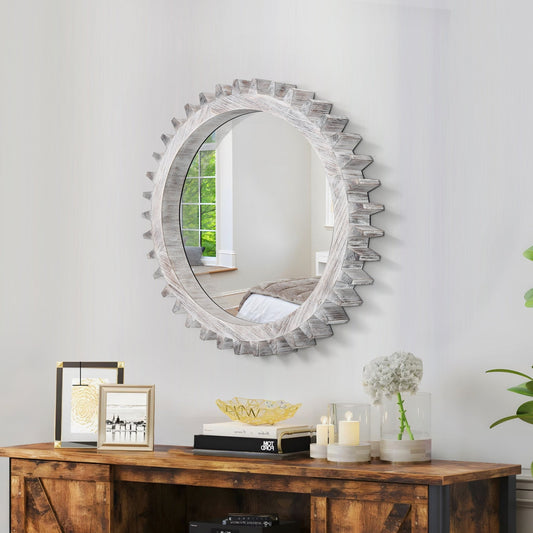 Antique white washed wood gear round mirror with a vintage studio style, designed by Anthony & Home.
