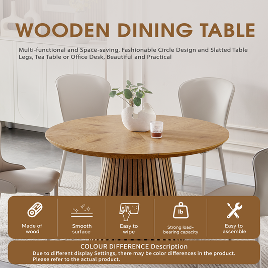 Round solid wood dining table from Anthony & Home's Atelier Collection, showcasing smooth surface and sturdy wooden legs.