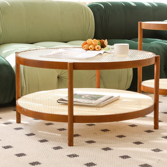 Set of two nesting round solid wood coffee tables by Anthony & Home, featuring natural wood finish and sleek modern design.
