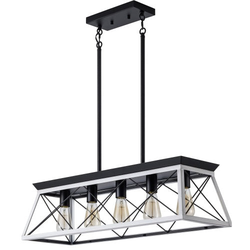 5 Lamps Farmhouse Chandelier White and Black Dining Room