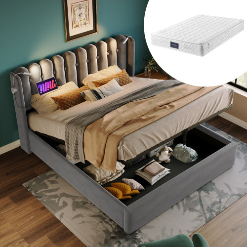 Linen Storage Bed Frame With Mattress 160x200cm Grey