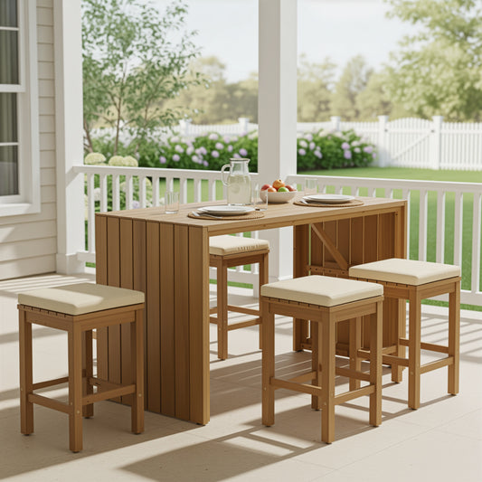 Outdoor bar set made of acacia wood from Anthony & Home's Exclusive Collection, includes bar table and stools.
