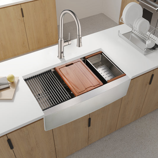 Stainless steel farmhouse kitchen sink with workstation and apron front by Anthony & Home, showing durable, sleek design and spacious basin.