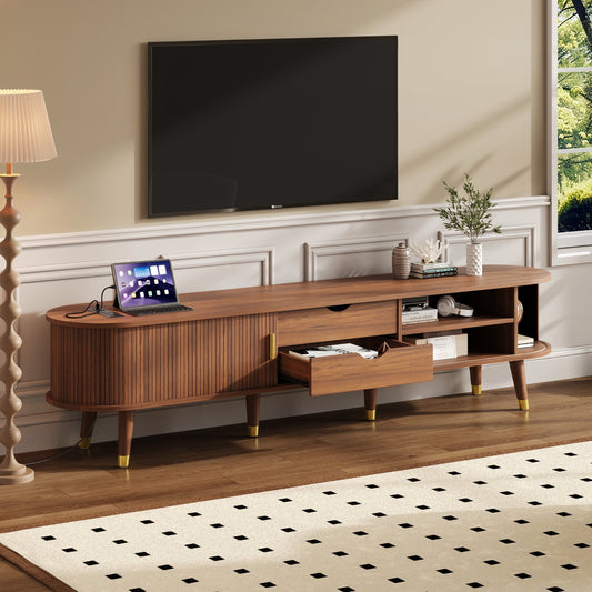 Walnut mid-century TV stand by Anthony & Home with sleek design and storage compartments, perfect for modern living rooms.