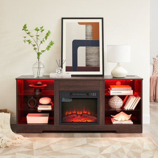 Anthony & Home Espresso Wood Electric Fireplace TV Stand with LED lighting and USB charging outlet in a modern living room setting.